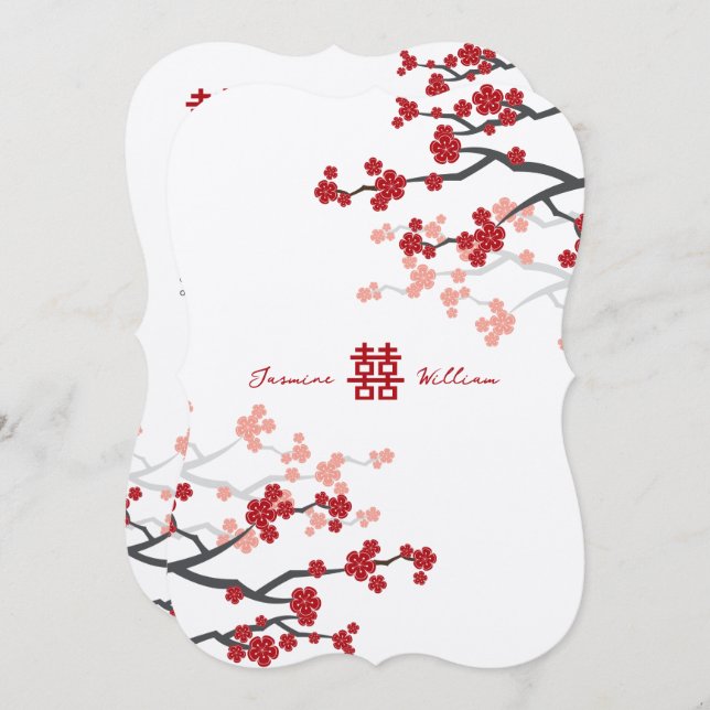 Cherry Blossoms Double Happiness Chinese Wedding Invitation (Front/Back)