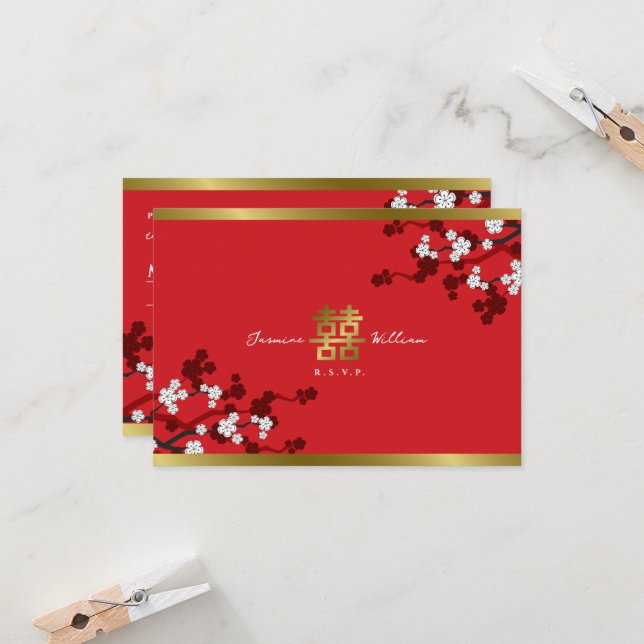 Cherry Blossoms Double Happiness Chinese Wedding Invitation (Front/Back In Situ)