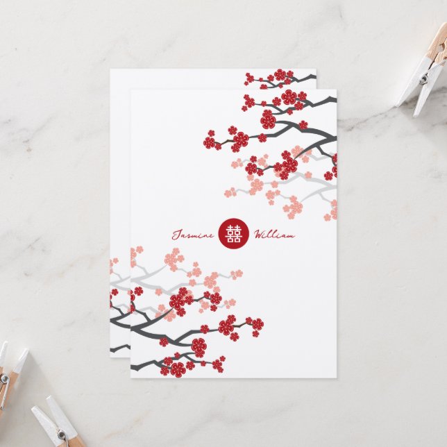 Cherry Blossoms & Double Happiness Chinese Wedding Invitation (Front/Back In Situ)