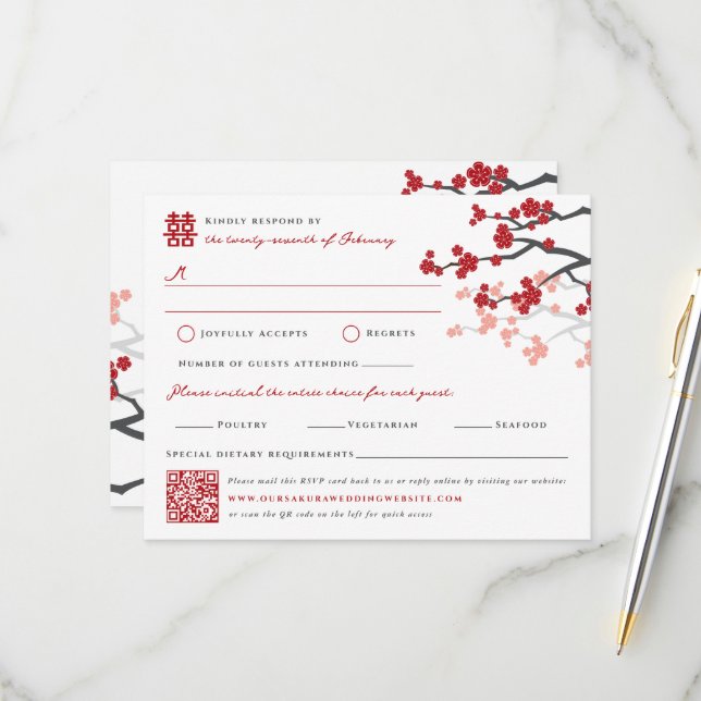 Cherry Blossoms & Double Happiness Chinese Wedding RSVP Card (Front/Back In Situ)