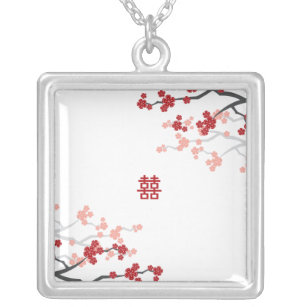 Cherry Blossoms & Double Happiness Chinese Wedding Silver Plated Necklace