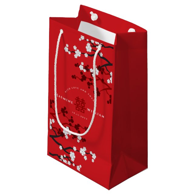Cherry Blossoms & Double Happiness Chinese Wedding Small Gift Bag (Front Angled)