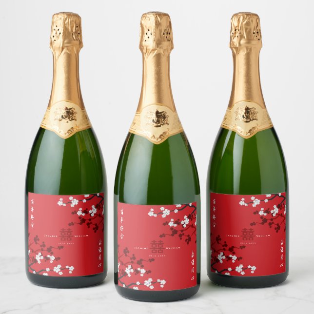 Cherry Blossoms & Double Happiness Chinese Wedding Sparkling Wine Label (Bottles)