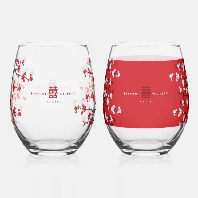 Cherry Blossoms & Double Happiness Chinese Wedding Stemless Wine Glass (Front)