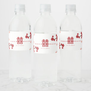 Cherry Blossoms & Double Happiness Chinese Wedding Water Bottle Label