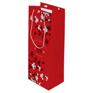 Cherry Blossoms & Double Happiness Chinese Wedding Wine Gift Bag