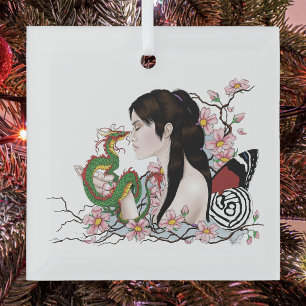 Cherry Blossoms Dragon Serenity Asian Fairy  Glass Tree Decoration