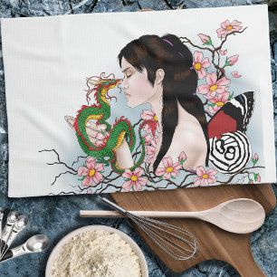 Cherry Blossoms Dragon Serenity Asian Fairy  Tea Towel