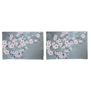 Cherry Blossoms Dusky Pink Slate Blue Floral Pillowcase