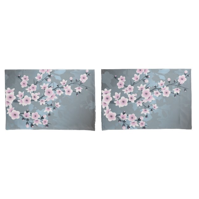 Cherry Blossoms Dusky Pink Slate Blue Floral Pillowcase (Front-Set)