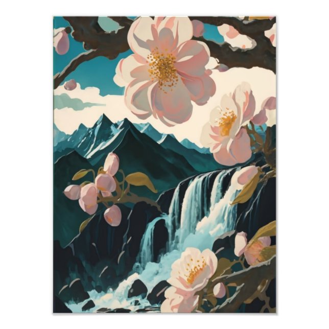 Cherry Blossoms Embrace a Tranquil Waterfall Photo Print (Front)