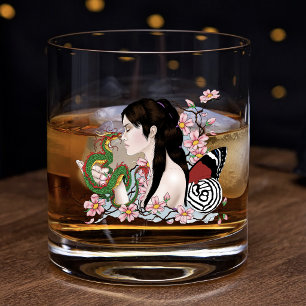 Cherry Blossoms Fairy Dragon Friendship Whiskey Glass