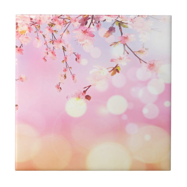 Cherry Blossoms Floral Background Flower Design Tile (Front)