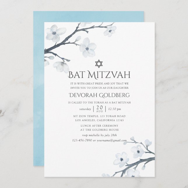 Cherry Blossoms Floral Bat Mitzvah Invitation (Front/Back)