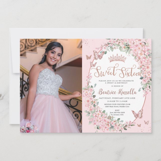 Cherry Blossoms Floral Butterflies Sweet Sixteen  Invitation (Front)