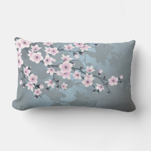 Cherry Blossoms Floral Dusty Pink Blue Lumbar Cushion