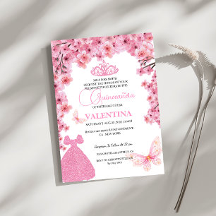 Cherry Blossoms floral pink Butterfly Quinceañera Invitation