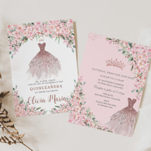 Cherry Blossoms Floral Rose Gold Dress Quinceañera Invitation