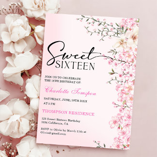 Cherry Blossoms Floral Sweet Sixteen Birthday Invitation
