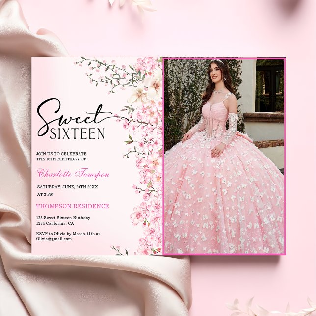 Cherry Blossoms Floral Sweet Sixteen Birthday Invitation (Creator Uploaded)