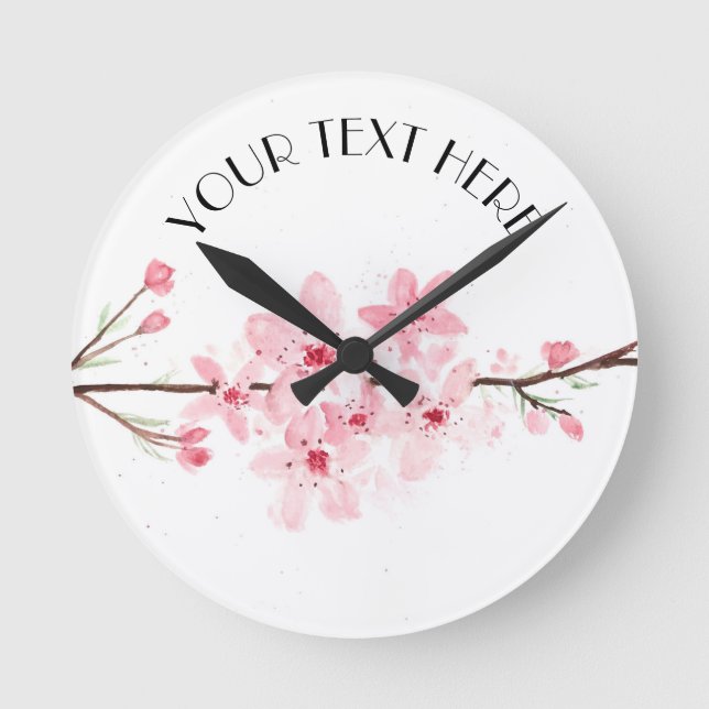 Cherry blossoms flowers pink floral watercolor  round clock (Front)