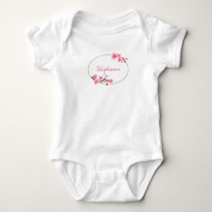 Cherry Blossoms - Gold Oval Frame - Personalised Baby Bodysuit