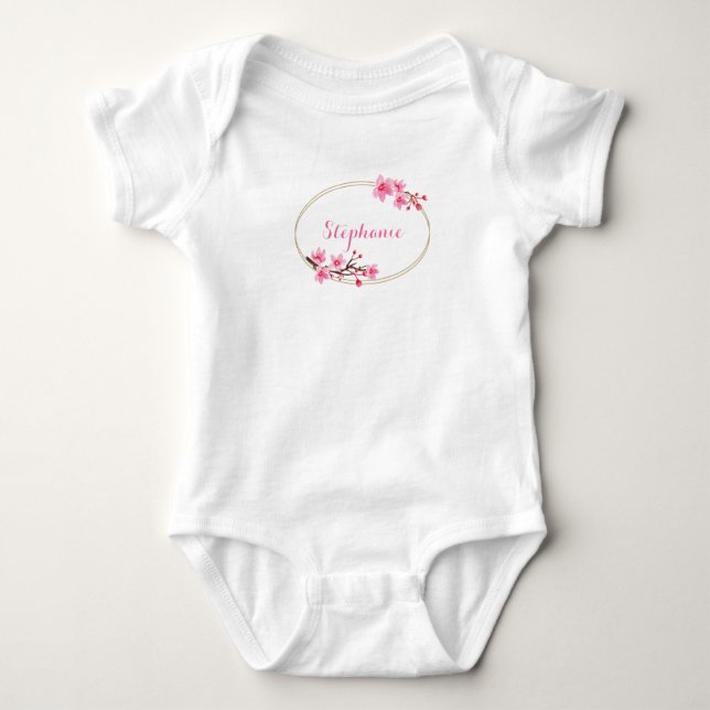 Cherry Blossoms - Gold Oval Frame - Personalised Baby Bodysuit (Front)