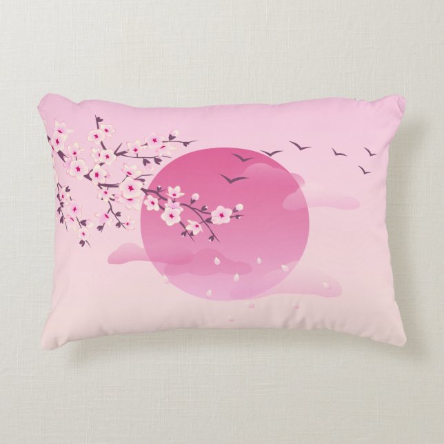 Cherry Blossoms Japanese Landscape Pink Decorative Cushion (Front)