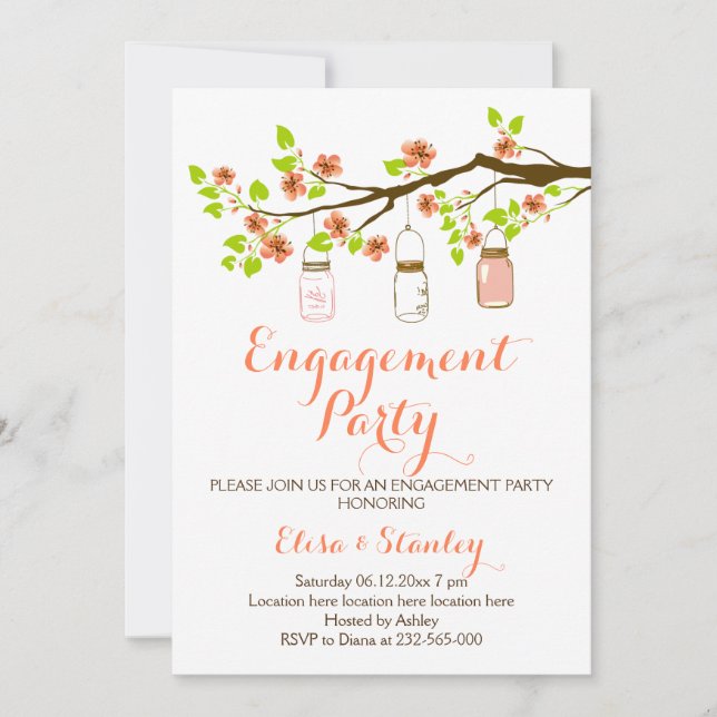 Cherry blossoms mason jar wedding engagement party invitation (Front)