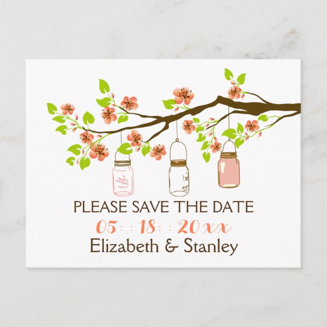 Cherry blossoms, mason jars wedding Save the Date Announcement Postcard (Front)