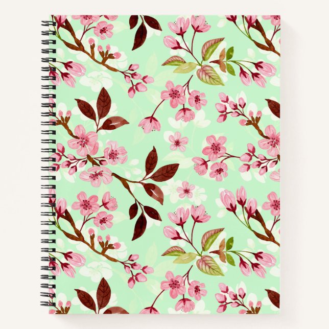 Cherry Blossoms Mint Background Notebook (Front)