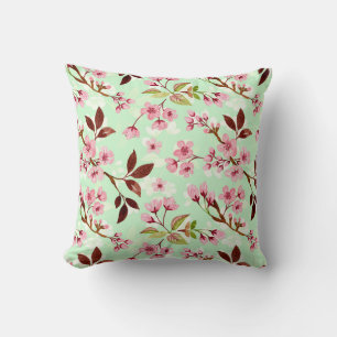 Cherry Blossoms Mint Background Throw Pillow