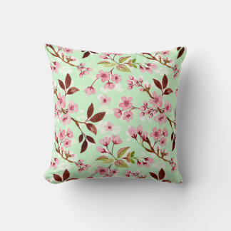 Cherry Blossoms Mint Background Throw Pillow