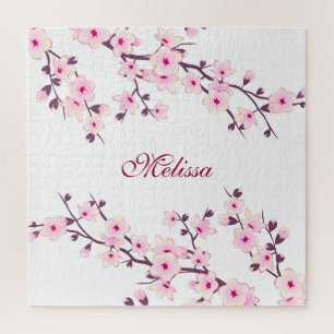 Cherry Blossoms Monogram Pink White Jigsaw Puzzle