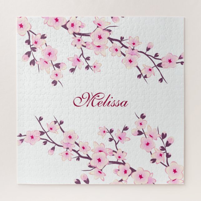 Cherry Blossoms Monogram Pink White Jigsaw Puzzle (Vertical)