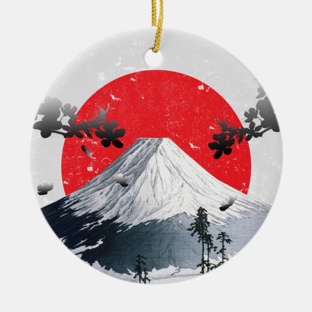 Cherry Blossoms Mount Fuji Japan Ceramic Tree Decoration (Front)