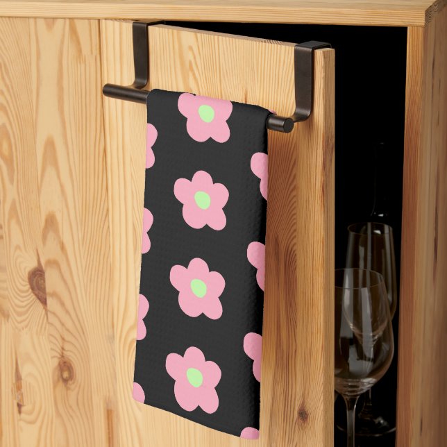 Cherry Blossoms on Black Tea Towel (Thirds Fold)