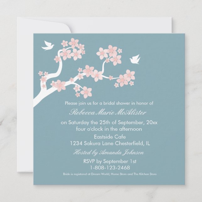 Cherry Blossoms on blue Bridal Shower Invite (Front)