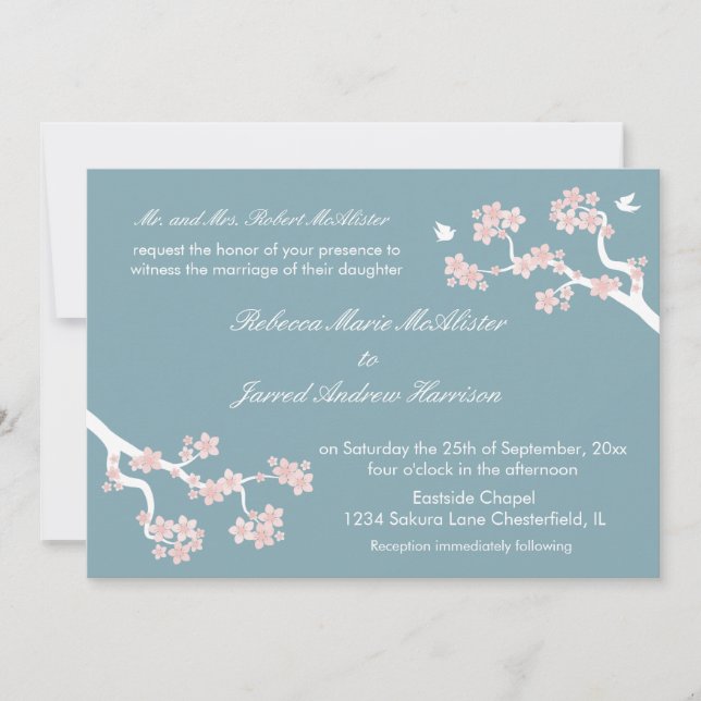 Cherry Blossoms on blue Landscape Invite (Front)