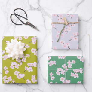 Cherry Blossoms On Chartreuse, Lavender, & Green Wrapping Paper Sheet
