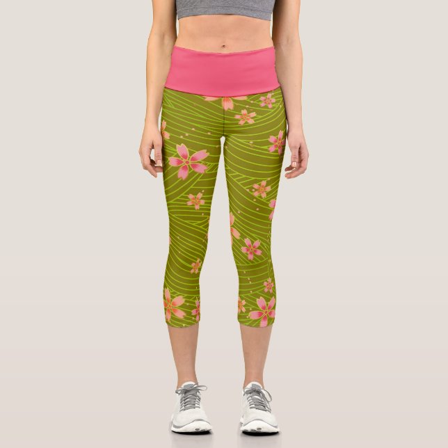Cherry Blossoms on Green Capri Leggings (Front)