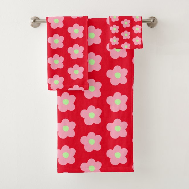 Cherry Blossoms on Red Bath Towel Set (Insitu)