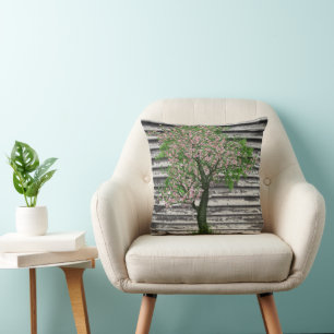Cherry Blossoms on Rustic Wood Cushion