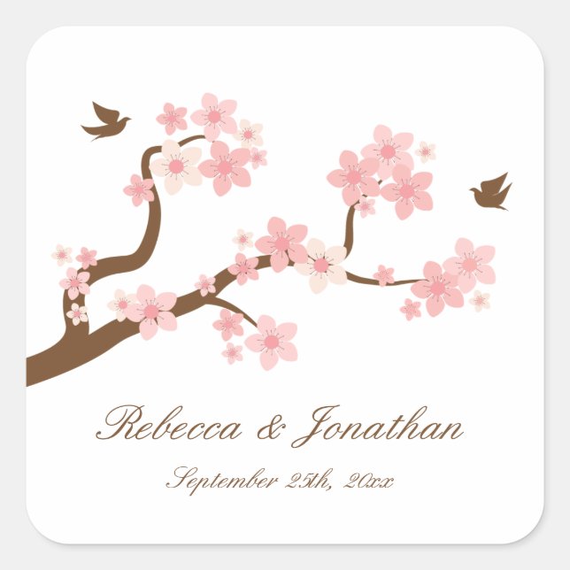 Cherry Blossoms on white square sticker (Front)