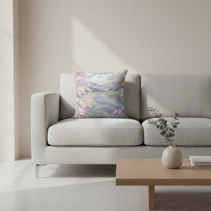 Cherry Blossoms Pastel Watercolor Landscape Cushion