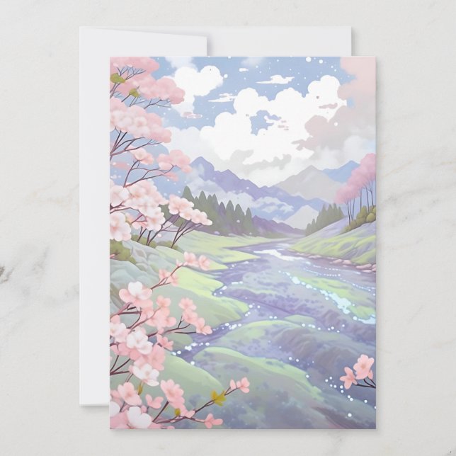 Cherry Blossoms Pastel Watercolor Landscape Holiday Card (Front)