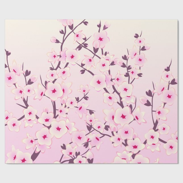 Cherry Blossoms Pattern Pink Floral Wrapping Paper (Flat)