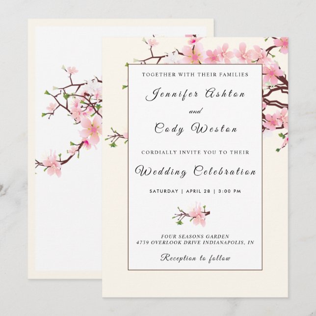 Cherry Blossoms Pink Beige Wedding Invitation Card (Front/Back)