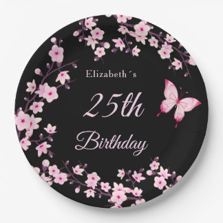 Cherry Blossoms Pink Black Custom Paper Plate
