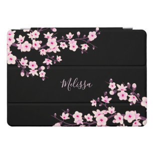 Cherry Blossoms Pink Black Floral Monogram iPad Pro Cover
